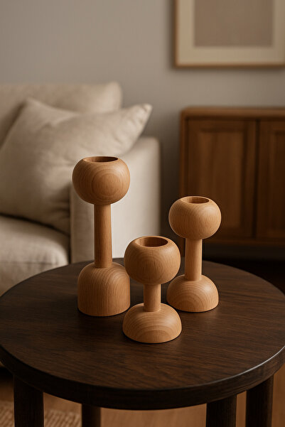 Ex Machine Industry 3'lü El Yapımı Modern Ahşap Mumluk Seti – Doğal Kayın – M...