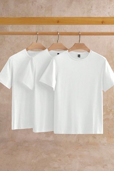 Tarz Cool Men's 3 Pack White Slim Fit Slim Fit 100% Cotton Crew Neck T-Shirt