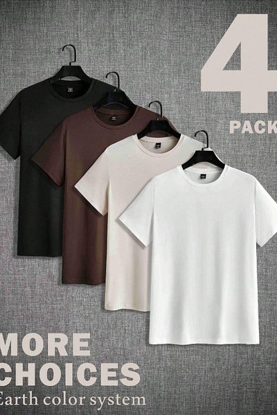 Tarz Cool Men's 4-Pack Black-Brown-White-Stone Slim Fit Slim Fit 100% Cotton Crew Neck T-Shirt