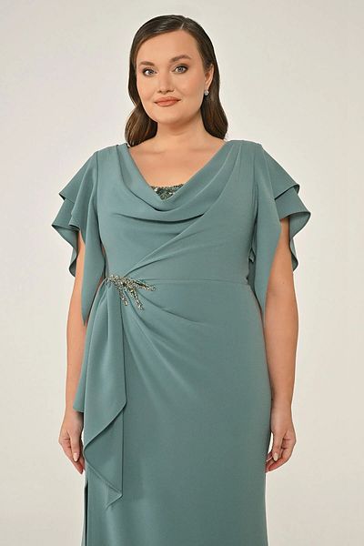 ALFABETA Women's Short Moving Sleeve Degaje Collar Waist Corner and between Breasts Stone Patterned Turquoise Evening Dress & Graduation
