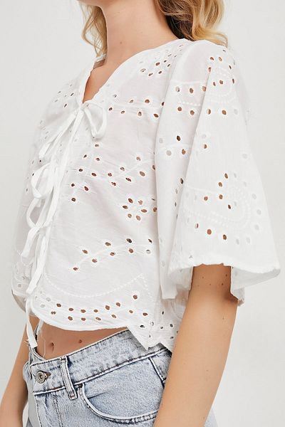 Modasultan Lace-Up Front Short Wide Sleeve Brode Embroidery 100% Cotton Women's Blouse