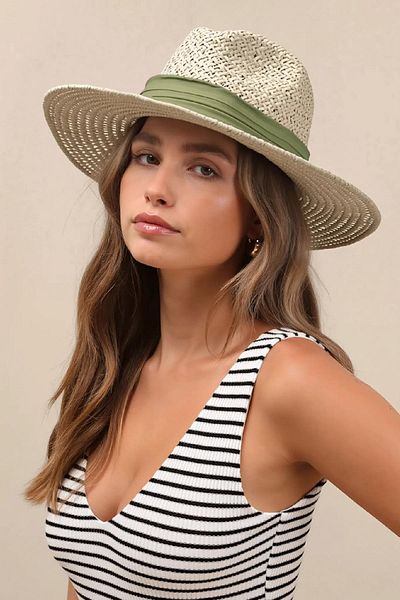 Külah Knitted Textured Green Striped Straw Panama Hat - Light Beige