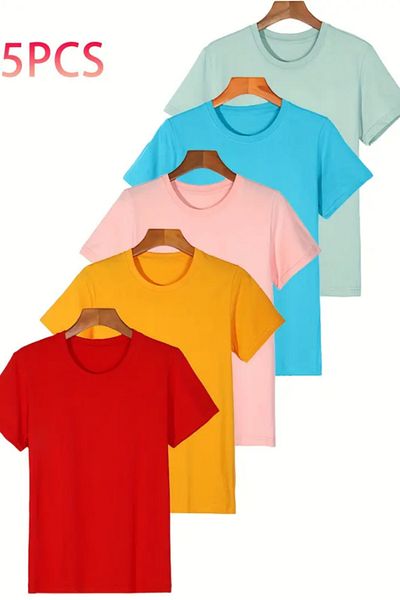 Tarz Cool Men's 5-Piece Red-Yellow-Pink-Blue-Water Green Slim Fit Slim Fit 100% Cotton T-Shirt