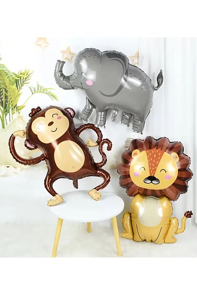 Çemrek Süs Parti Forest Animals Foil Balloon Set of 3 Lion Elephant Monkey Foil Balloon