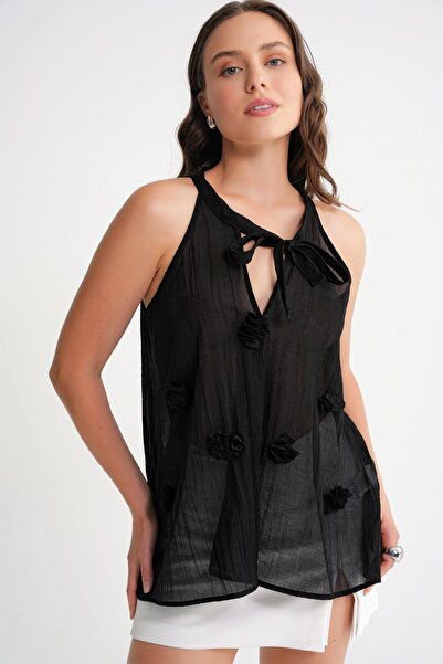 Mixray 4719 Women's Floral Detailed Transparent Tie-Up Blouse Black