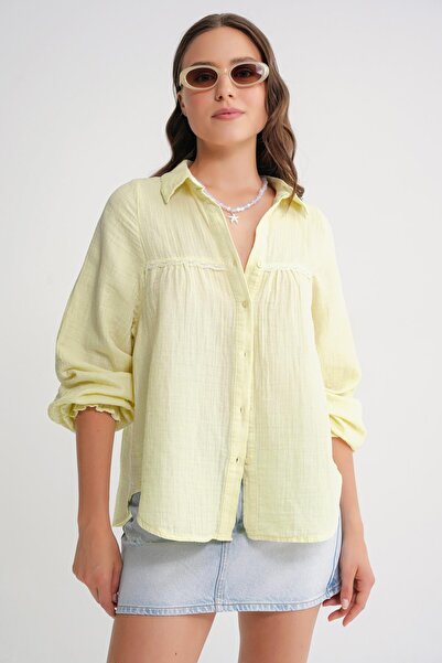 Mixray 4677 Women's Lace Detailed Muslin Shirt Butter Yellow