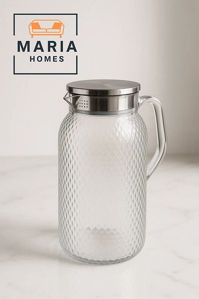 MARIA HOMES Diamond-Cut Glass Water Pitcher with Stainless Steel Lid – 1.5 Liter, Infuser Spout