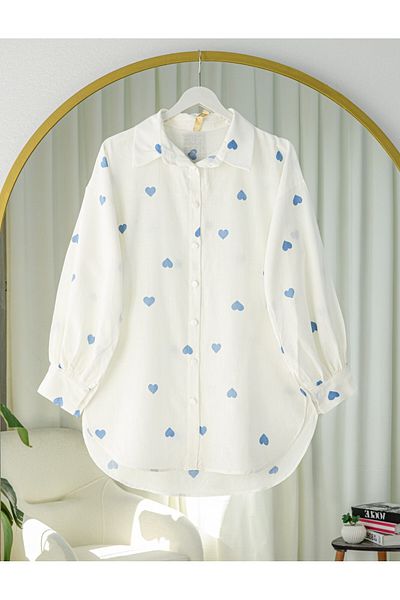 Modamorfo Heart Detailed Buttoned Long Back Silk Cotton Shirt - White