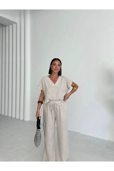 aytenli V Neck Short Batwing Sleeve Flowy Top Elastic Size Palazzo Pants with Elastic Waist Pockets Linen Suit