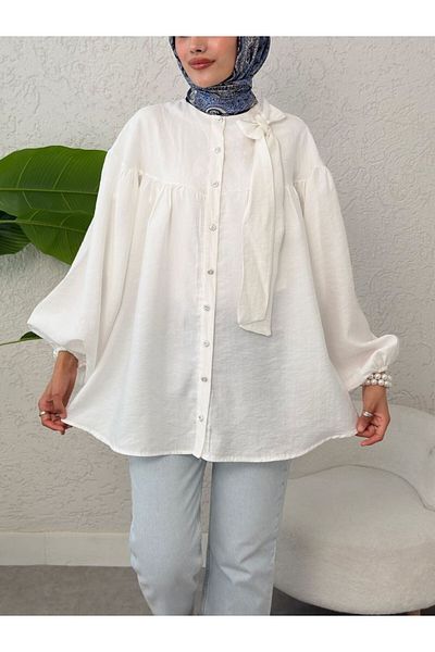 Modamorfo Collar Bow Detailed Sleeve Elastic Buttoned Linen Tunic -White