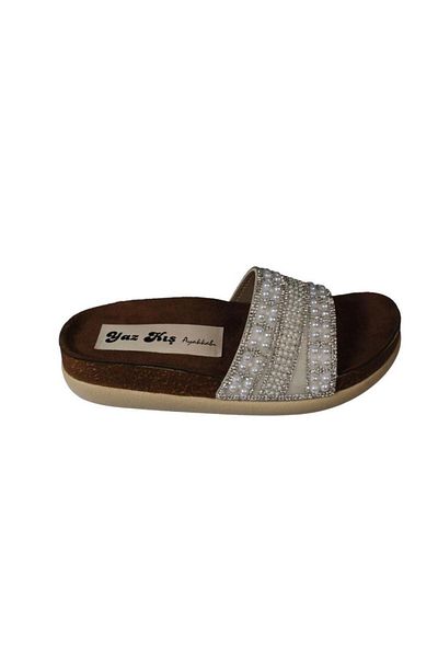 Yaz Kış Ayakkabı Yazkiş women's black cream beaded stone 4cm thick sole cork sole slippers