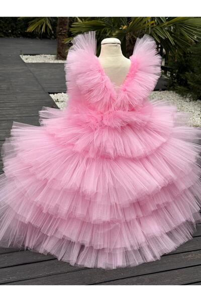 Anne Kız Tasarım Pembe Masal Tül Elbise