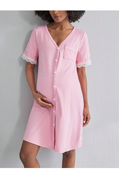 Miss Dünya Lissa Hamile ve Lohusa V Yaka Önden Düğmeli Dantel Detaylı Gecelik