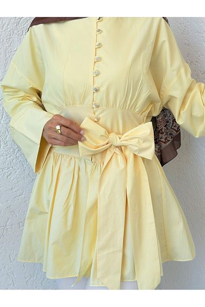 Modamorfo Tunic with Stone Buttons and Lace-Up Waist - Light Yellow
