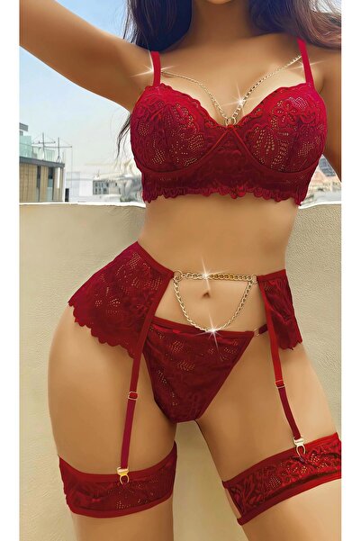 BALDOMERO Lace Chest Low-Cut Chain Burgundy Garter Suit 2053