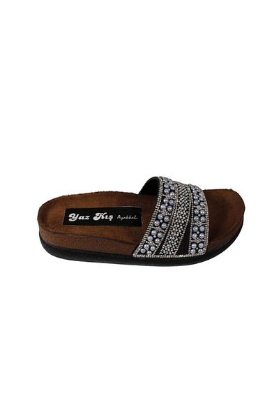 Yaz Kış Ayakkabı Yazkiş women's black cream beaded stone 4cm thick sole cork sole slippers