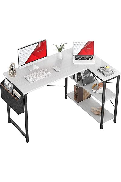 AGD L-shaped computer desk with reversible storage shelves for home office and workstation