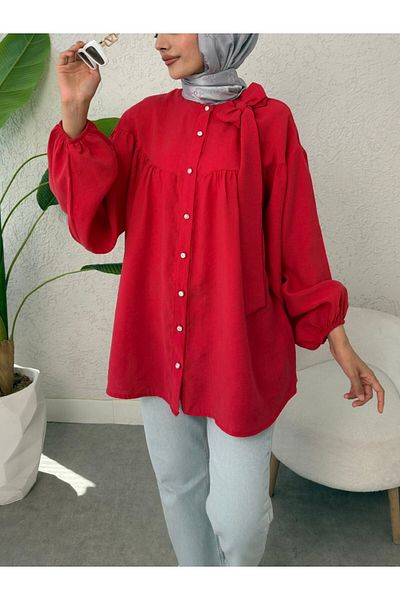 Modamorfo Collar Bow Detailed Sleeve Elastic Buttoned Linen Tunic -Red