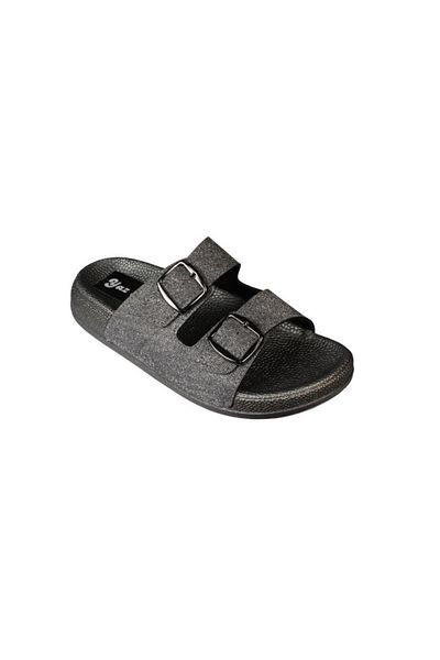 Yaz Kış Ayakkabı Yazkiş women's black platinum double buckle shiny fabric slippers
