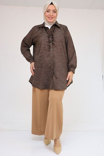 Eslina 58075 Large Size Men's Collared Shirt with Ruffle Detail on the Front - Coffee Crushed