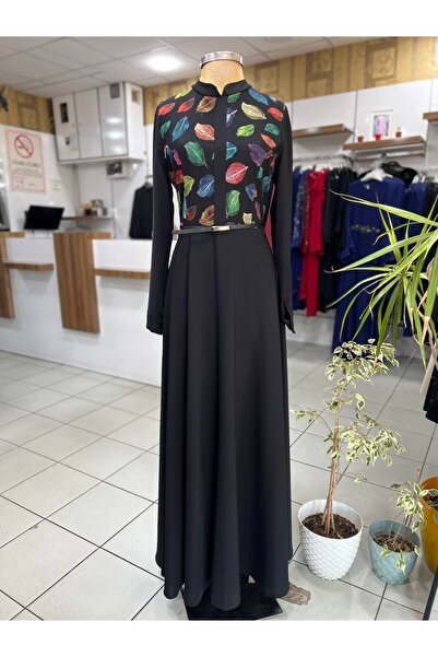 GAMZE ÖZKUL Kloş Yaprak Desenli Elbise