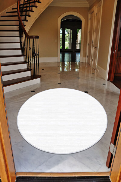 CENTER AVM Yuvarlak Düz Beyaz Halı Yıkanabilir Kaymaz Taban Mutfak Halısı Kor...