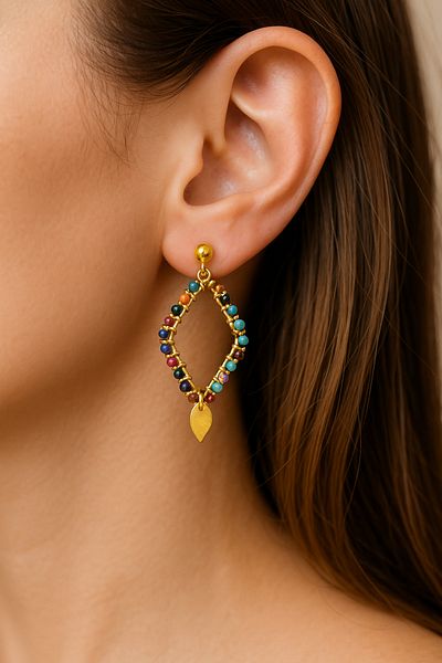 dela otantik Authentic Colorful Bohemian Women's Earrings – Ethnic Bijoux Jewelry with Gold Color Handmade Beads and Leaf Detail