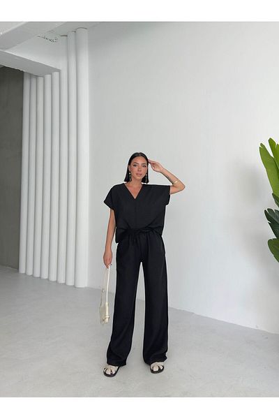 aytenli V Neck Short Batwing Sleeve Flowy Top Elastic Size Palazzo Pants with Elastic Waist Pockets Linen Suit