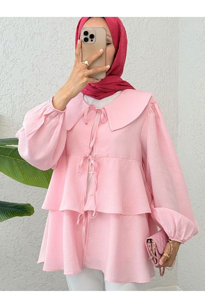 Modamorfo Baby Collar Front Lace Skirt Layered Kimono -Pink