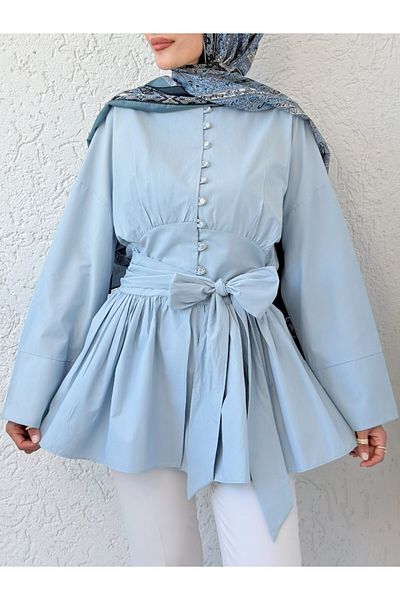 Modamorfo Tunic with Stone Buttons and Lace-Up Waist - Baby Blue