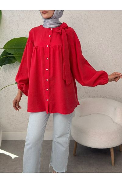 Modamorfo Collar Bow Detailed Sleeve Elastic Buttoned Linen Tunic -Red
