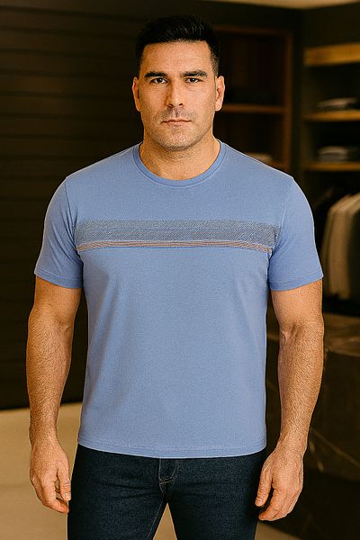 Maccali Men's Patterned Short Sleeve Large Size Loose Blue T-Shirt