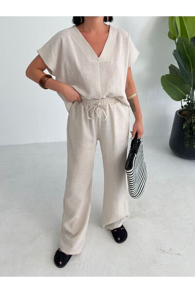 aytenli V Neck Short Batwing Sleeve Flowy Top Elastic Size Palazzo Pants with Elastic Waist Pockets Linen Suit