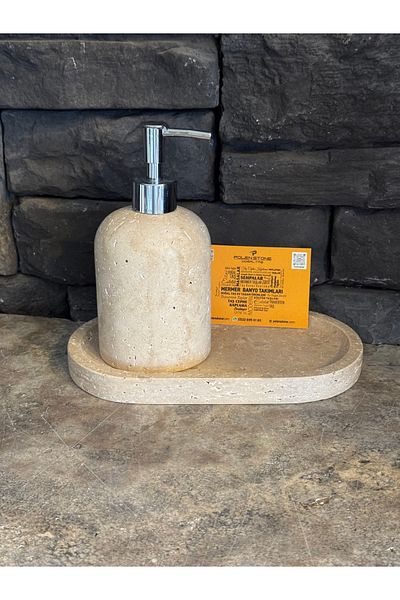 Polen Stone Travertine Natural Stone Double Bathroom Set – Tray and Liquid Soap Dispenser