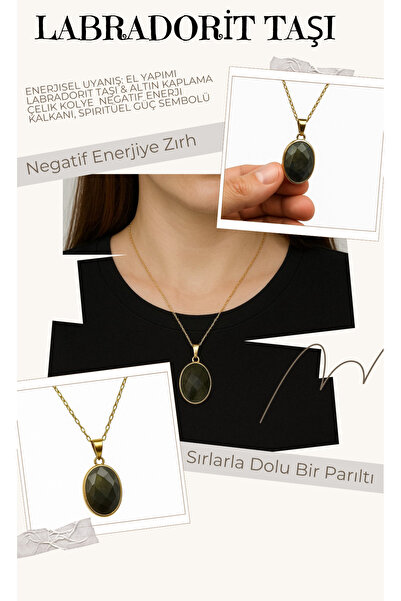 AYDESİA El Yapımı Labradorit Taşı Altın Kaplama Çelik Kolye Negatif Enerji Ka...