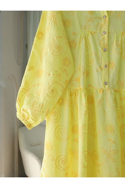 Modamorfo Half Button Jacquard Printed Piece Dress with Elastic Sleeves - Yellow