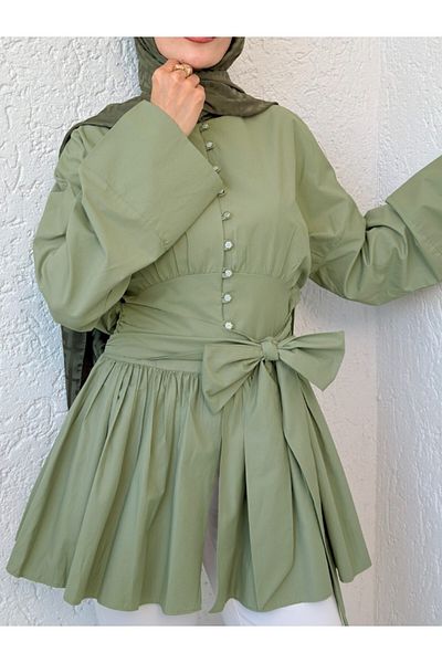 Modamorfo Tunic with Stone Buttons and Lace-Up Waist - Çağla Y.