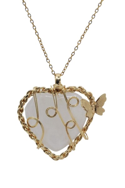 AYDESİA قلادة من الفولاذ بحجر الكوارتز الكريستالي على شكل فراشة للطاقة والأناقة