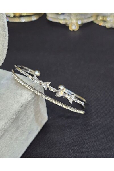 Vipfoni سوار نسائي من الفولاذ على شكل فيونكة من حجر الزركون على شكل مسار مزدوج