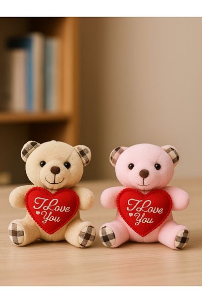 BiTon Toptan 2 Cute Mini Plush Teddy Bears - Heart'I Love You' Message 11X9 cm