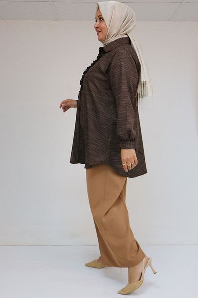 Eslina 58075 Large Size Men's Collared Shirt with Ruffle Detail on the Front - Coffee Crushed