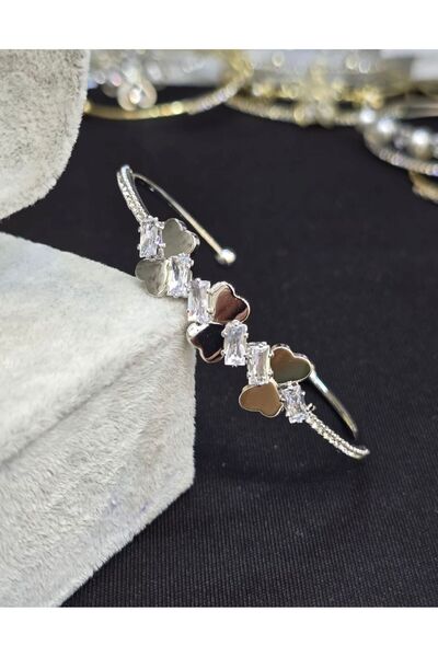 Vipfoni سوار بوكيه حجري على شكل قلب مزدوج من الفولاذ للنساء