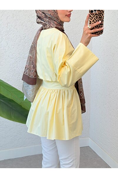 Modamorfo Τούνικ με κορδόνια στη μέση με πέτρινο κουμπί - Ανοιχτό κίτρινο