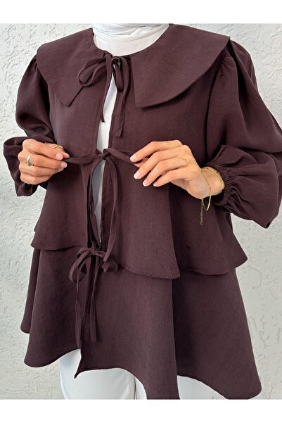 Modamorfo Baby Collar Front Lace Skirt Layered Kimono - Plum