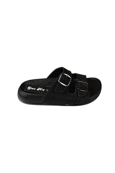 Yaz Kış Ayakkabı Yazkiş women's black platinum double buckle shiny fabric slippers