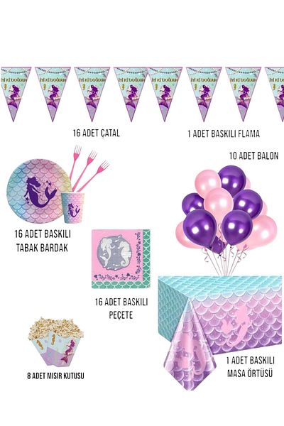 Evabrite Mermaid Birthday Party Set - Girl's Birthday Ornaments for 16 People
