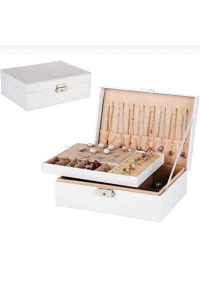 İthal White Outside Leather Inside Velvet 2 Layers Lockable Jewelry Chest Jewelry Organizer