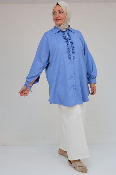 Eslina 58075 large size front ruffle detailed men's collar shirt - indigo marled