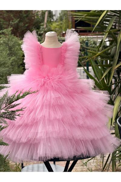 Anne Kız Tasarım Pembe Masal Tül Elbise