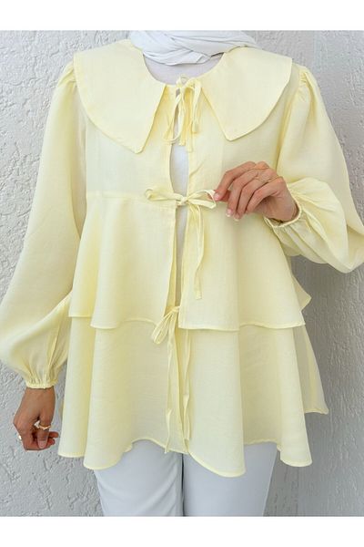 Modamorfo Baby Collar Front Lace Skirt Layered Kimono - Light Yellow